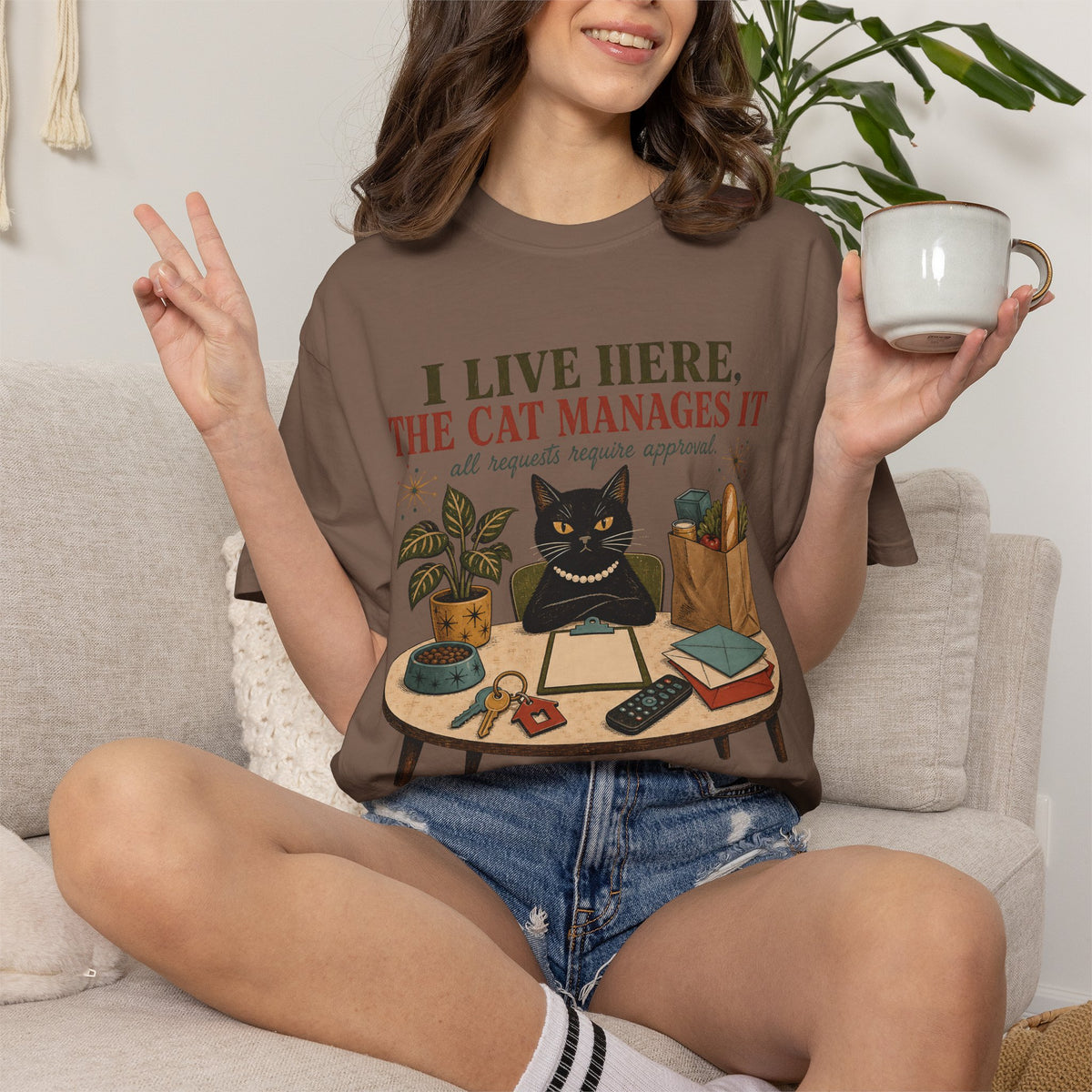 Cat Management T-Shirt — "I Live Here, The Cat Manages It"