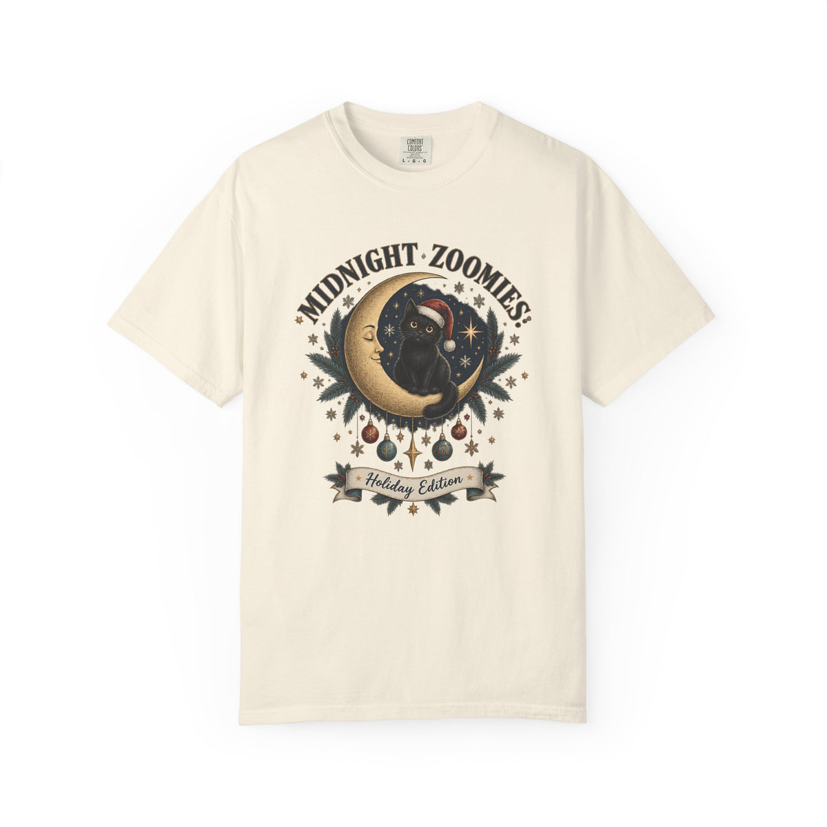 Midnight Zoomies Holiday Tee — Cute Black Cat on Crescent Moon Graphic T-Shirt
