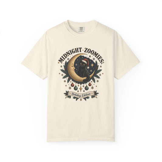 Midnight Zoomies Holiday Tee — Cute Black Cat on Crescent Moon Graphic T-Shirt