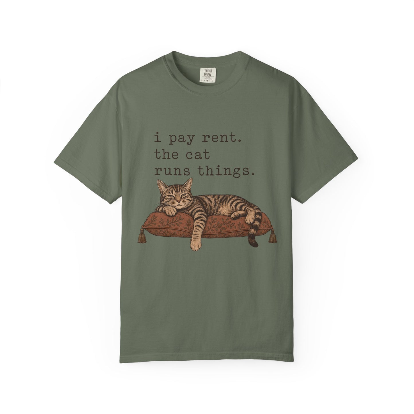 Cat Owner T-Shirt — "I Pay Rent. The Cat Runs Things." Vintage Cat Graphic Tee
