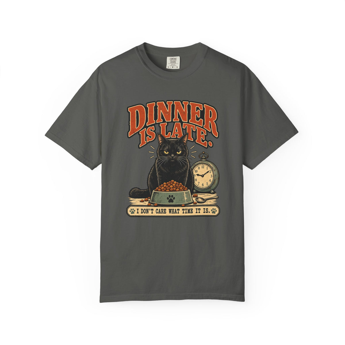 Dinner Is Late Cat T-Shirt — Vintage Cat & Clock Graphic Tee