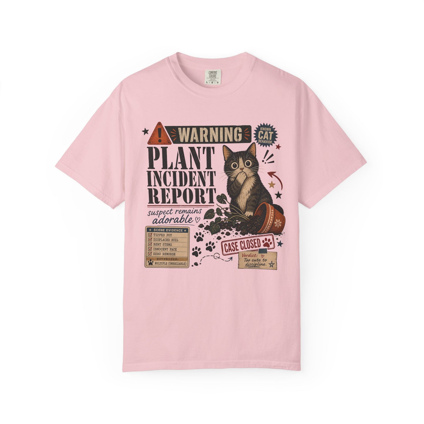 Plant Incident Report Cat T-Shirt – Cute ‘Case Closed’ Gardening Cat Graphic Tee