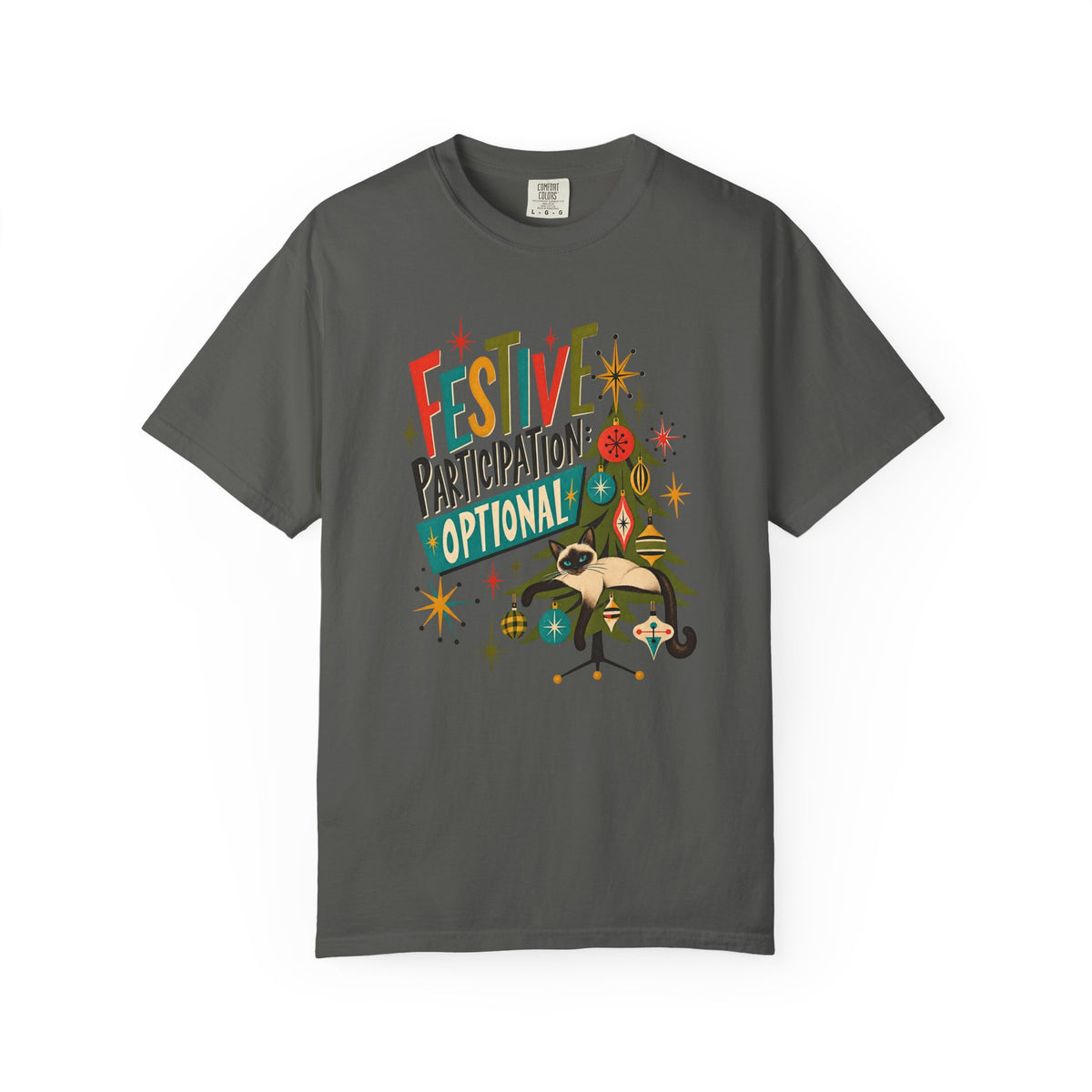 Festive Participation Optional Cat T-Shirt — Retro Christmas Tree Holiday Tee