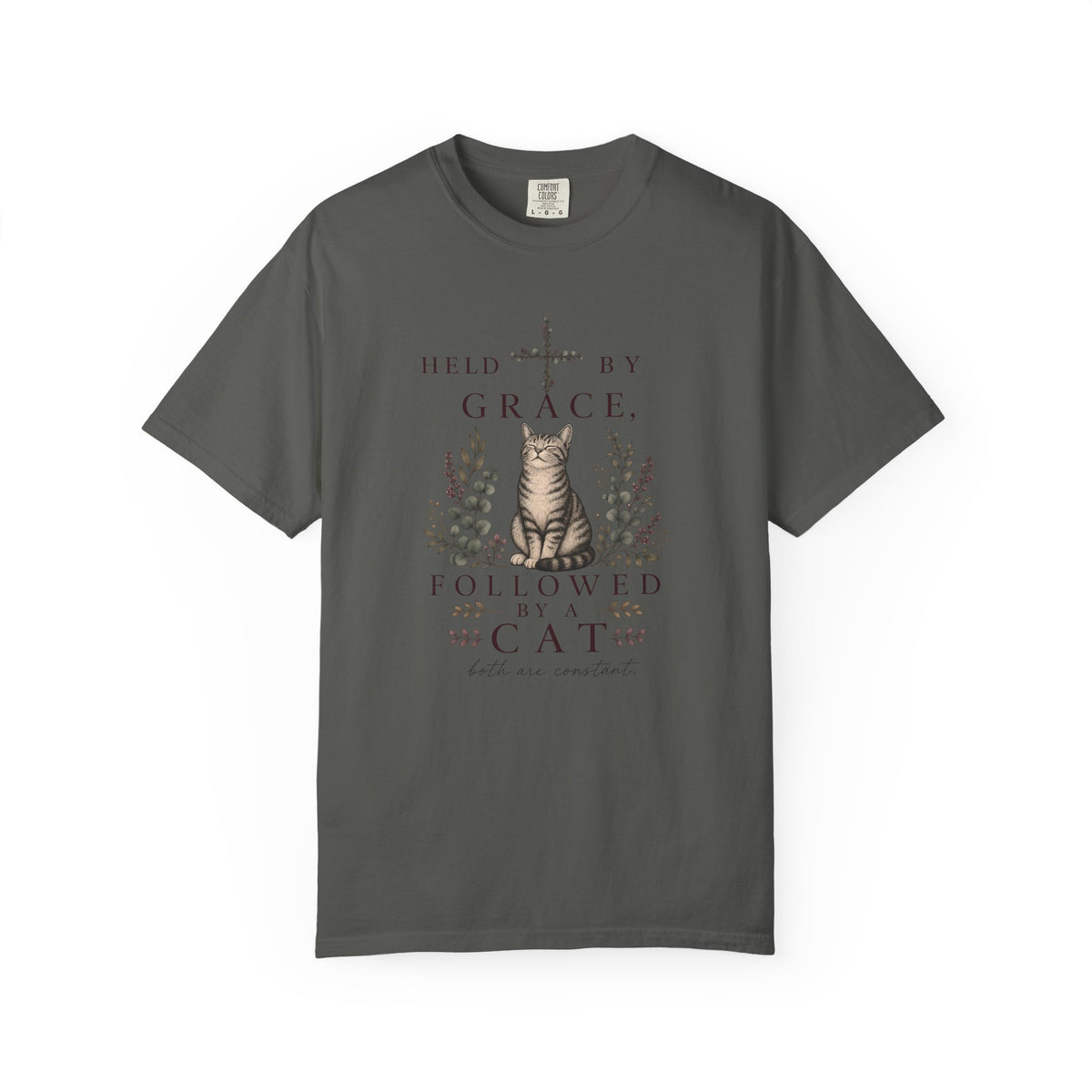 T-Shirt — "Held by Grace, Followed by the Cat" Vintage Cat Faith Tee