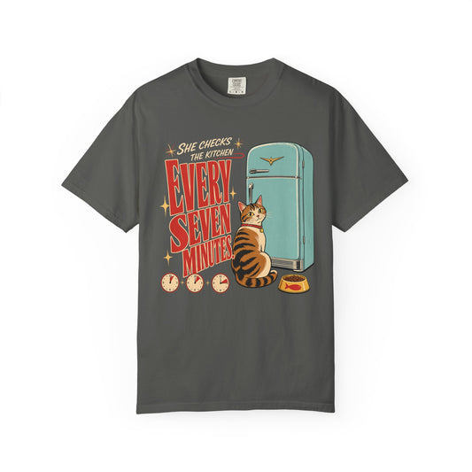 Every Seven Minutes Cat T-Shirt – Retro Refrigerator Graphic Tee for Cat Lovers