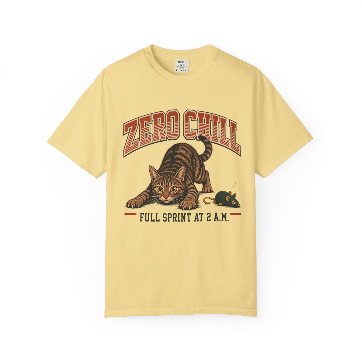 Zero Chill Cat T-Shirt — "Full Sprint at 2 A.M." Graphic Tee