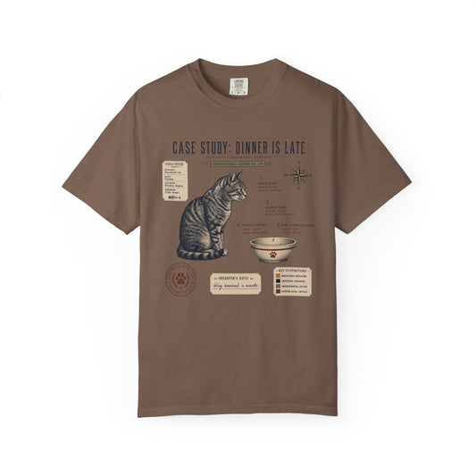 Cat Case Study T-Shirt — “Dinner Is Late” Vintage Veterinary Diagram Tee