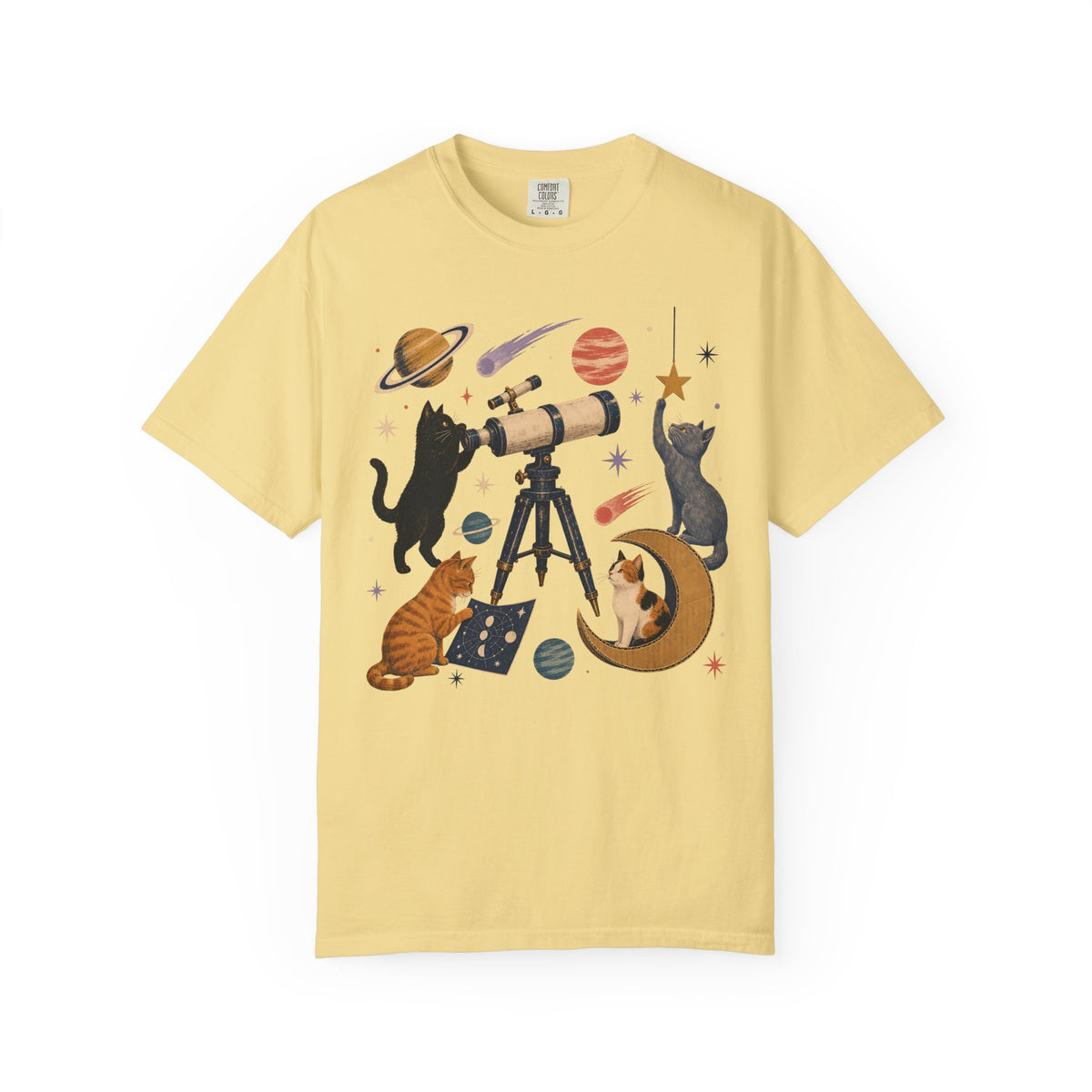 Celestial Cats Telescope T-Shirt — Space Kitty Astronomy Graphic Tee