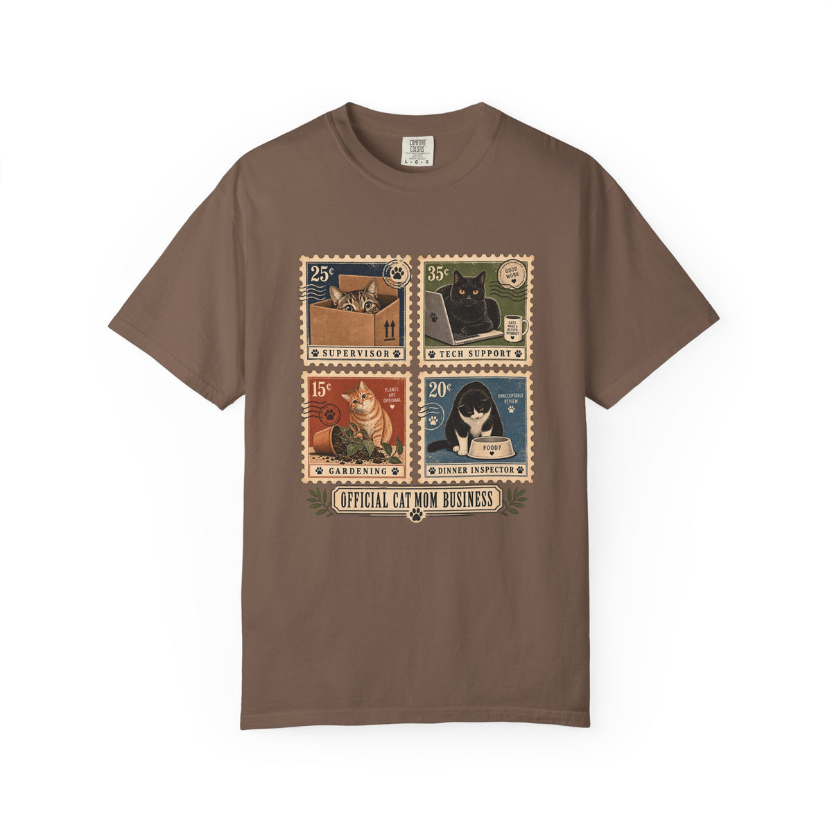 Cat Stamp Graphic T-Shirt — "Official Cat Mom Business" Vintage Postage Design
