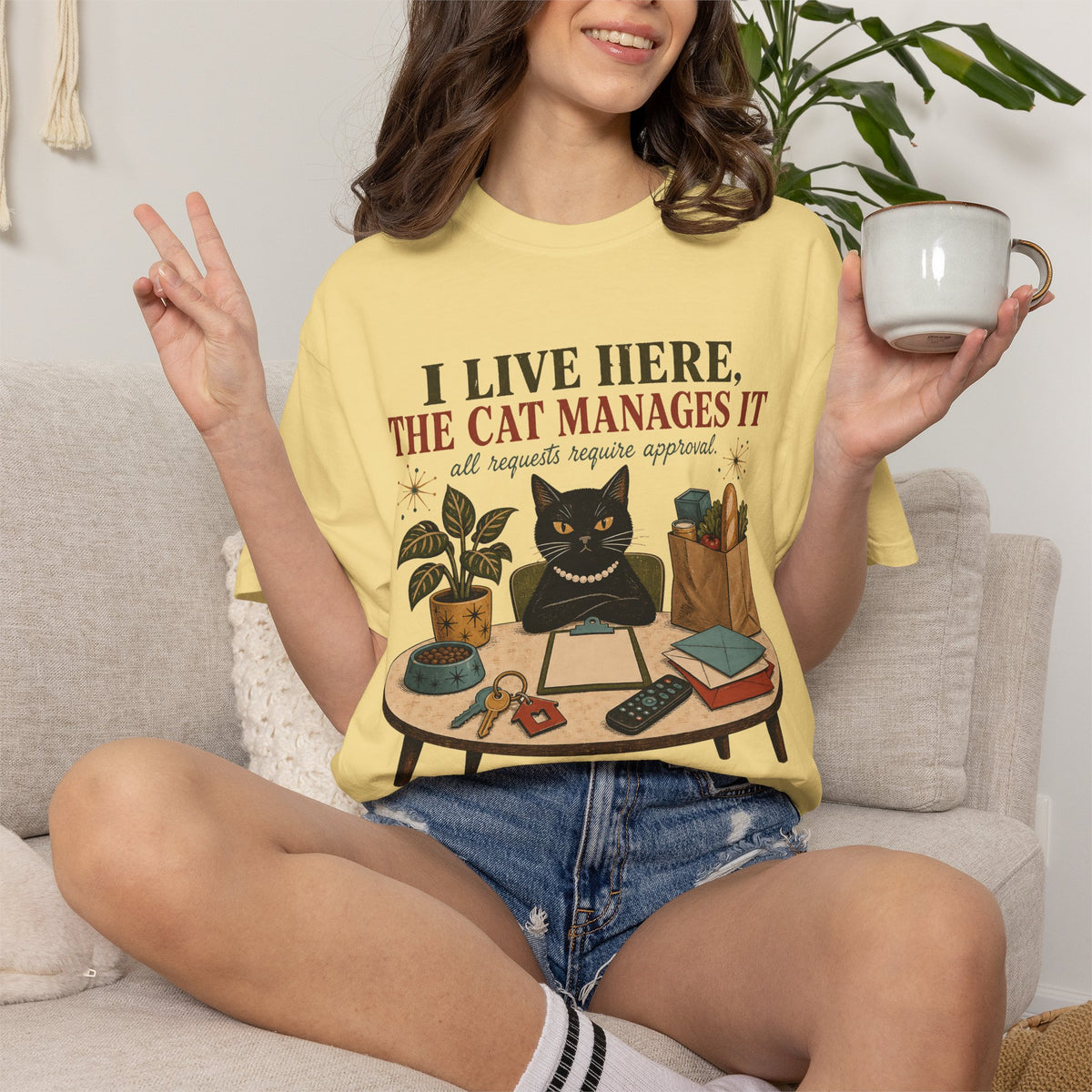Cat Management T-Shirt — "I Live Here, The Cat Manages It"