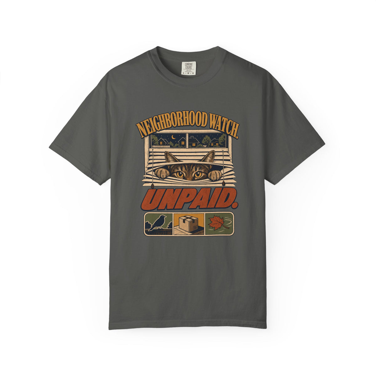 Neighborhood Watch "Unpaid" Graphic T-Shirt — Cat Peeking Parcel Delivery Design