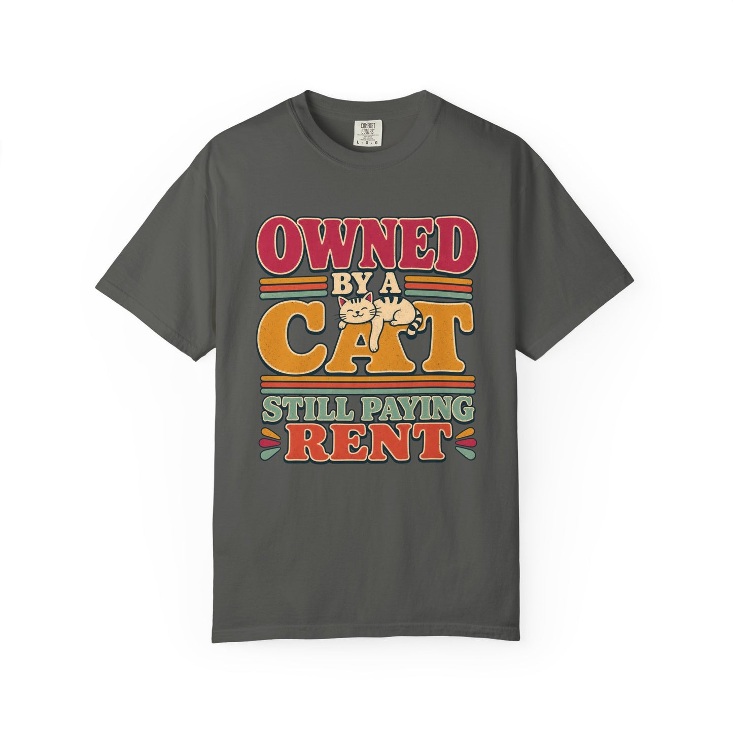 Owned by a Cat T-Shirt — Funny Retro Cat Tee ("Still Paying Rent")