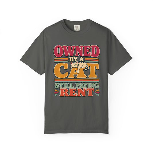 Owned by a Cat T-Shirt — Funny Retro Cat Tee ("Still Paying Rent")