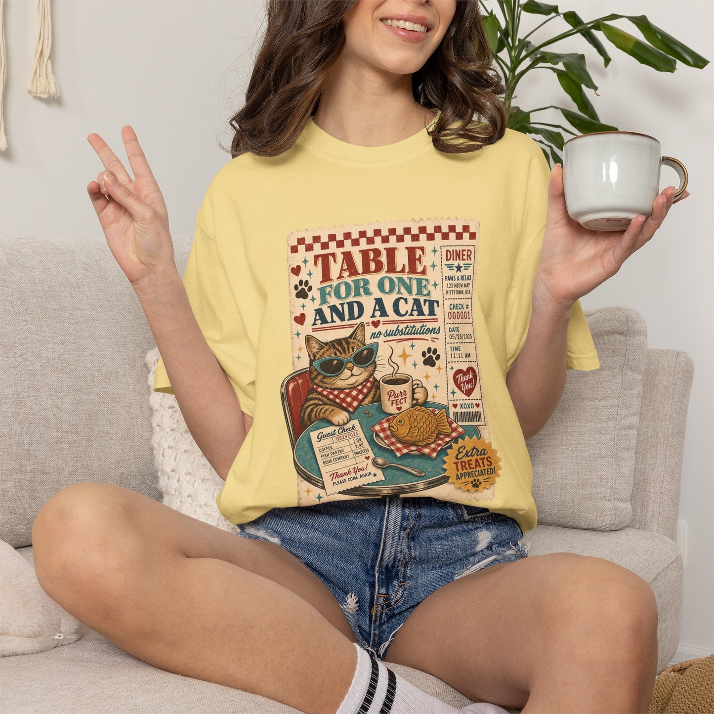Table for One and a Cat T-Shirt — Retro Diner Cat Lover Tee