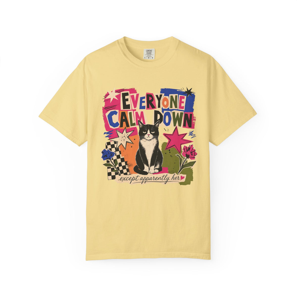 Everyone Calm Down Cat T-Shirt — Funny Graphic Tee with Sassy Cat