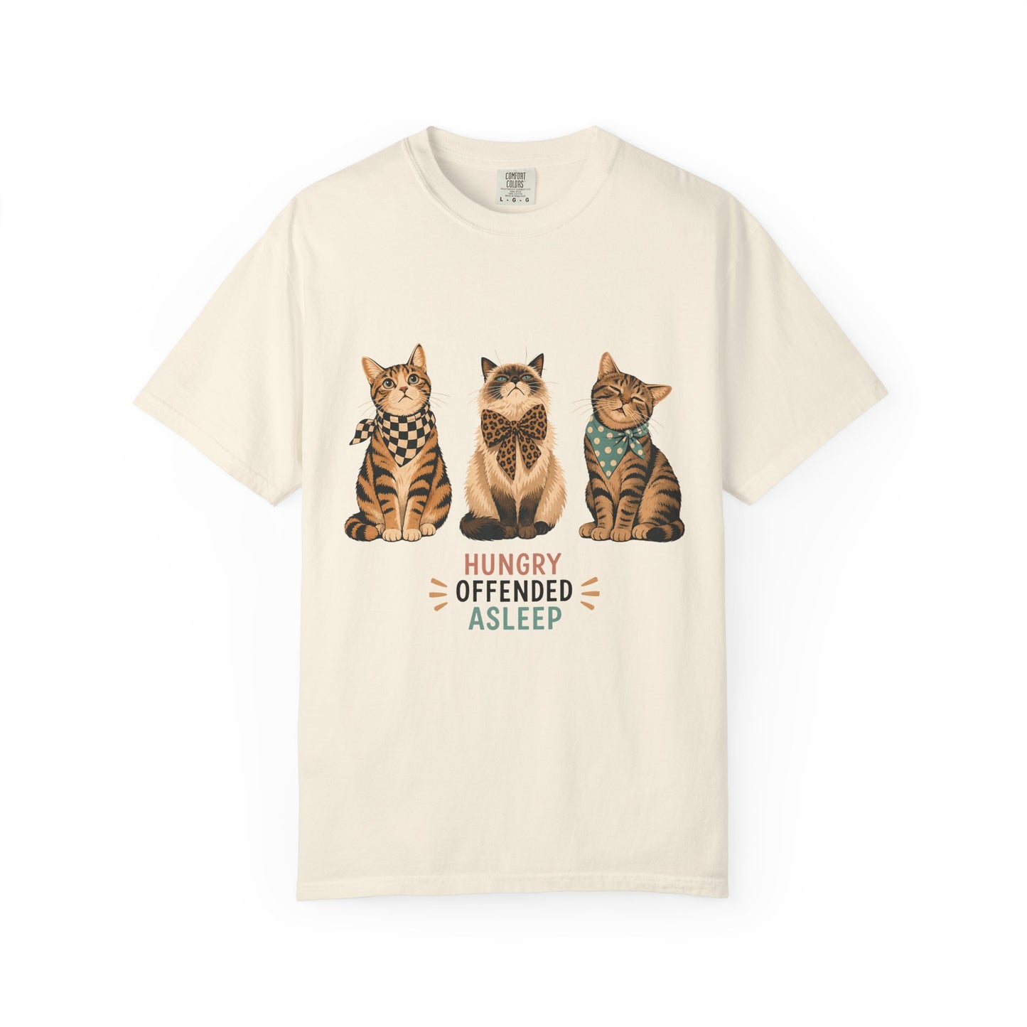 Cat Trio T-Shirt — 'Hungry Offended Asleep' Cute Retro Cat Graphic Tee