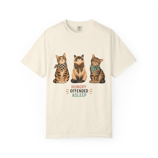 Cat Trio T-Shirt — 'Hungry Offended Asleep' Cute Retro Cat Graphic Tee
