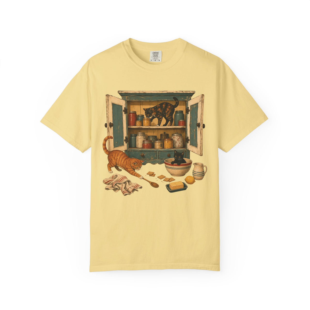 Cabinet Kitchen Cats T-Shirt — Vintage Pantry Illustration Tee