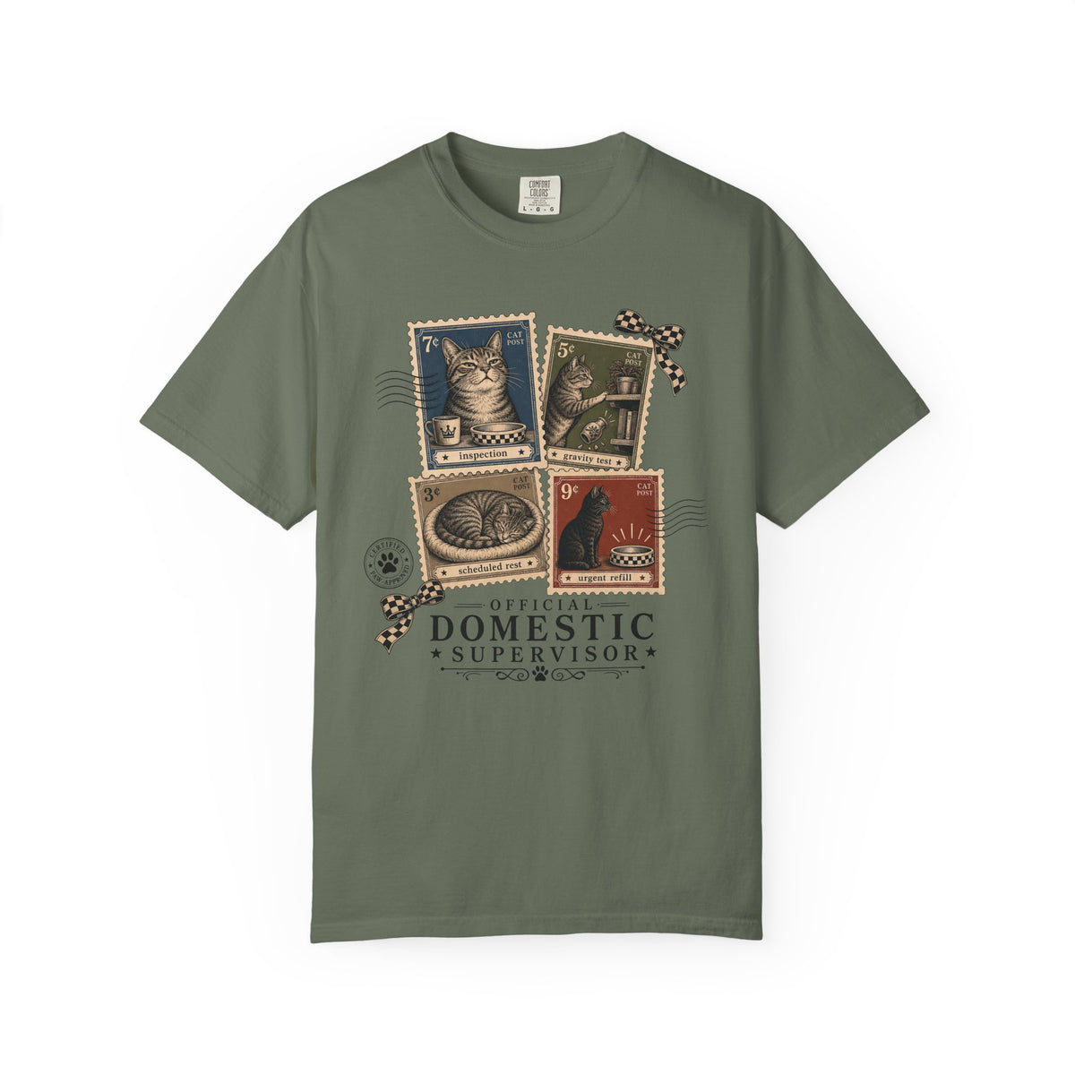 Domestic Supervisor Cat T-Shirt — Vintage Stamp Cat Lover Tee