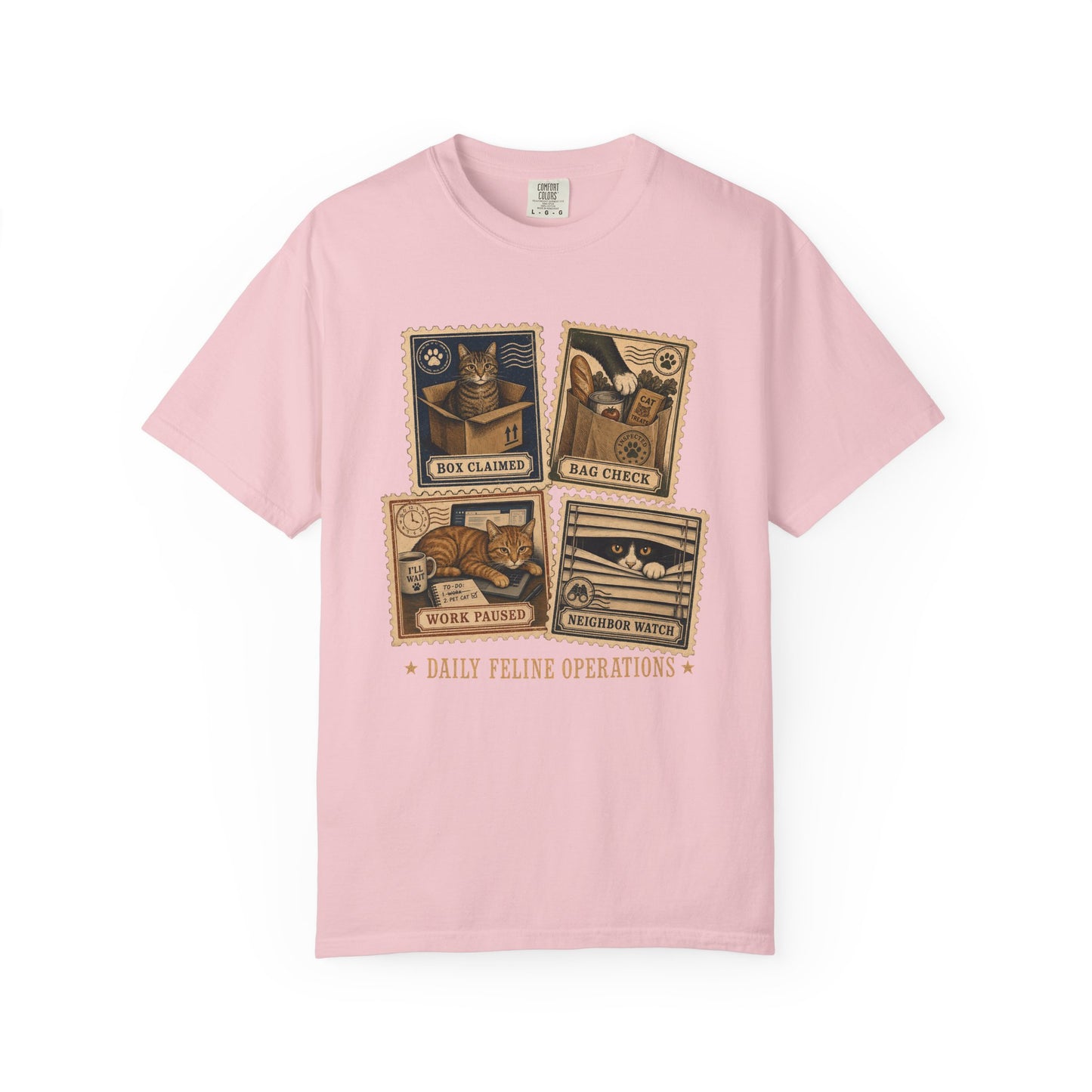 Cat Stamps Graphic T-Shirt — "Daily Feline Operations" Vintage Cat Comic Tee