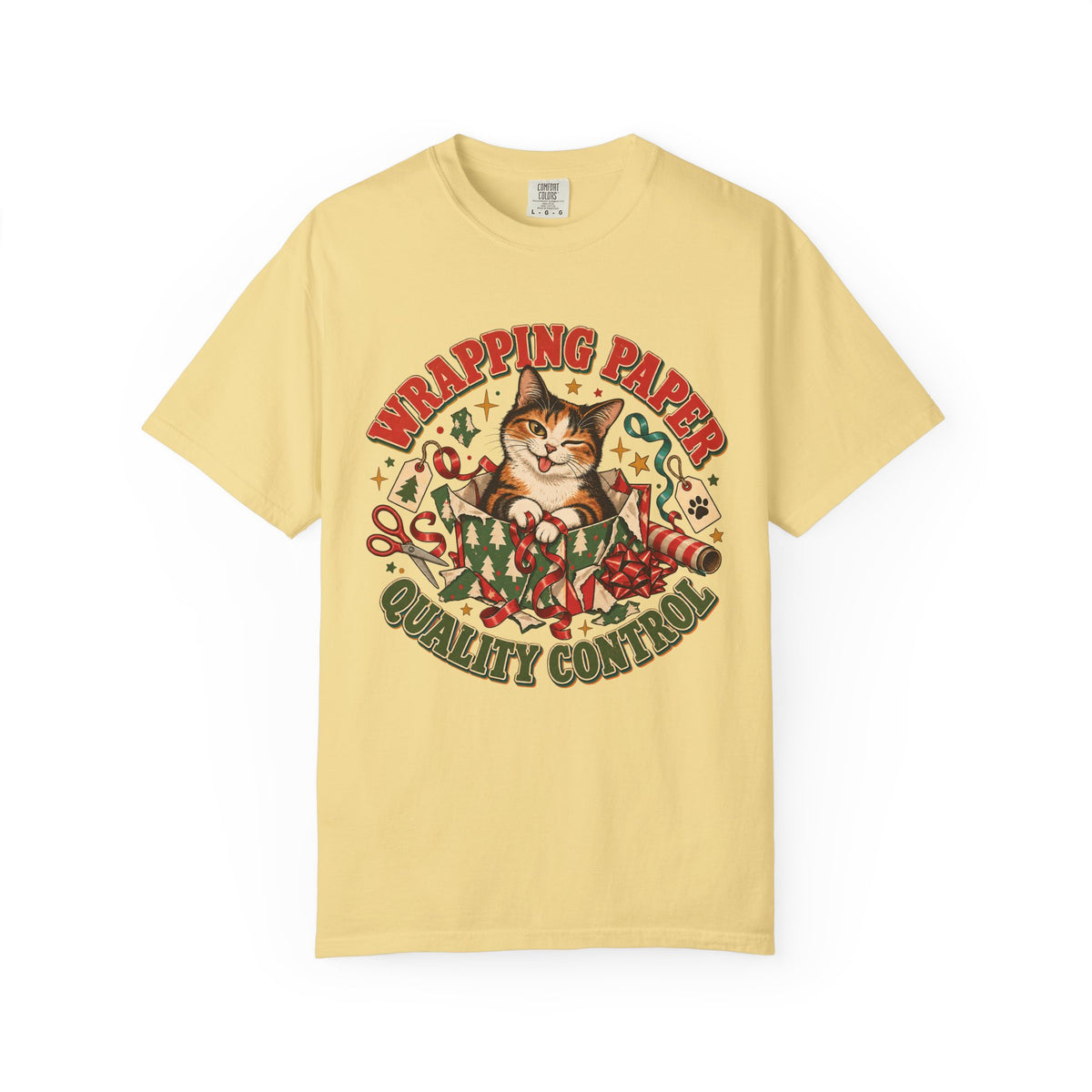 Wrapping Paper Quality Control T-Shirt — Cute Cat Holiday Gift Tee