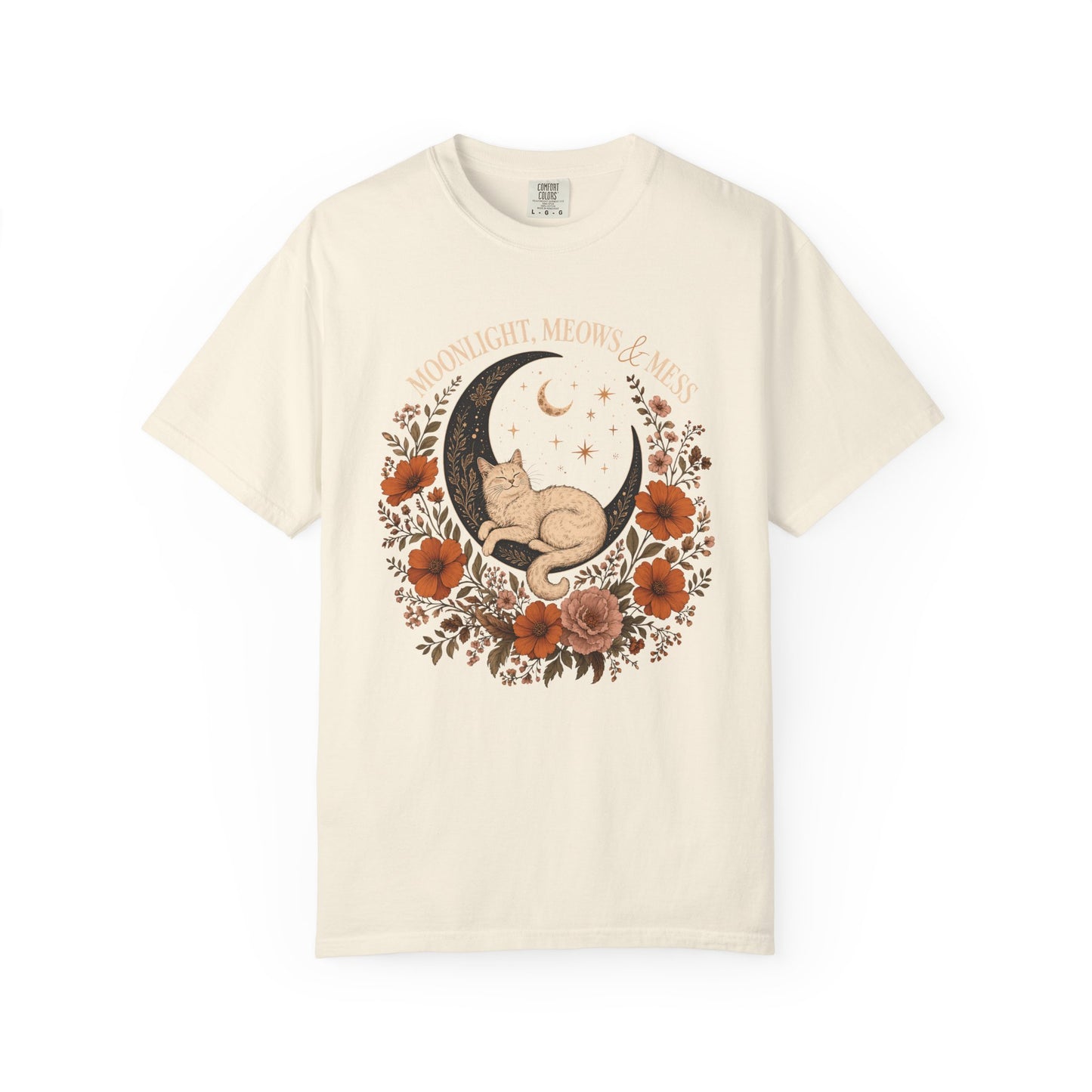 Moonlight Meow Cat T-Shirt — Floral Crescent Moon Graphic Tee