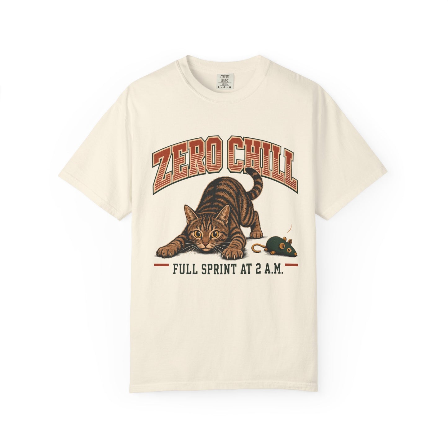 Zero Chill Cat T-Shirt — "Full Sprint at 2 A.M." Graphic Tee
