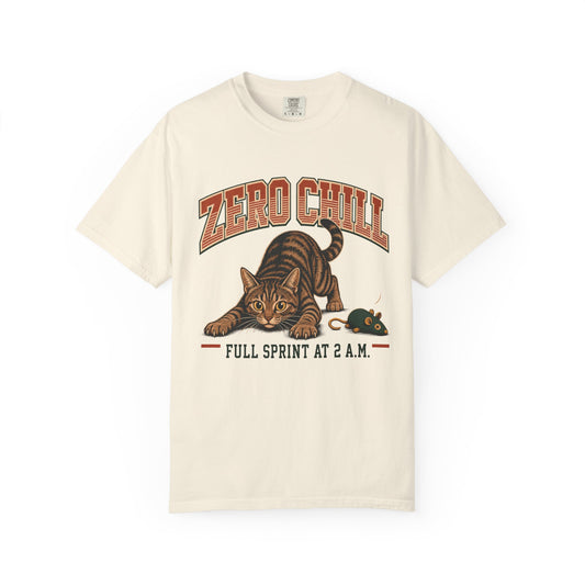 Zero Chill Cat T-Shirt — "Full Sprint at 2 A.M." Graphic Tee