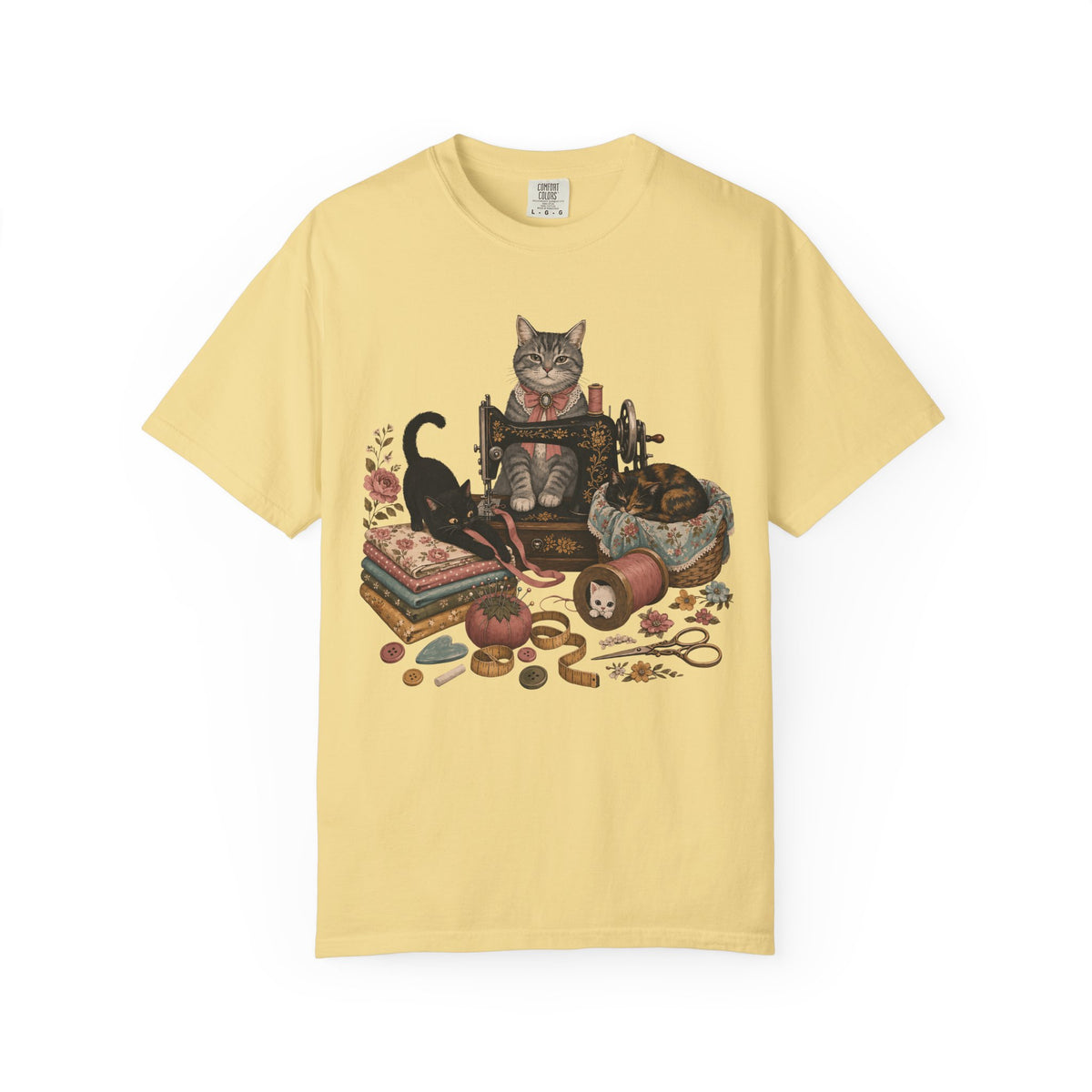 Cat Crafter T-Shirt — Vintage Sewing & Yarn Cat Graphic Tee