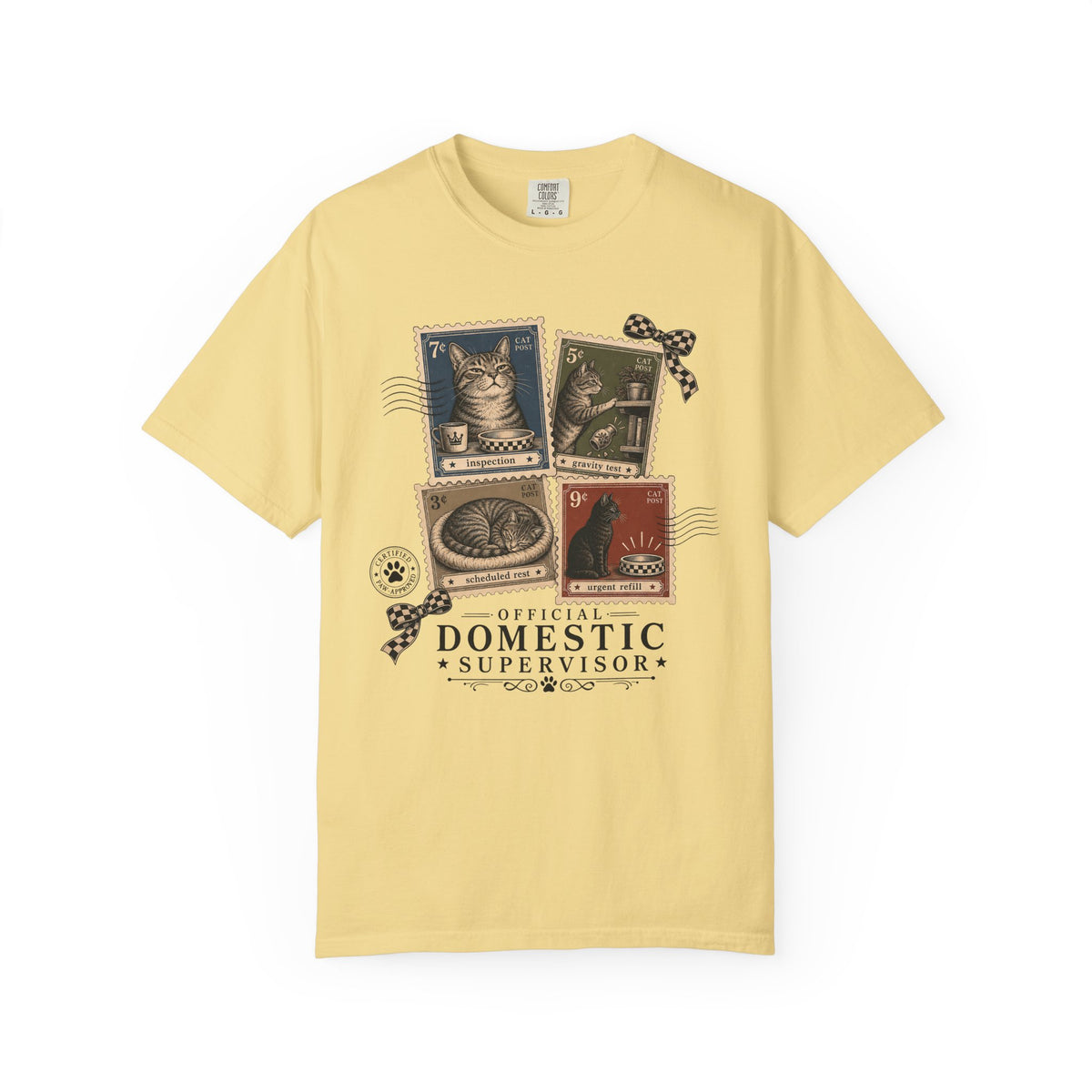 Domestic Supervisor Cat T-Shirt — Vintage Stamp Cat Lover Tee