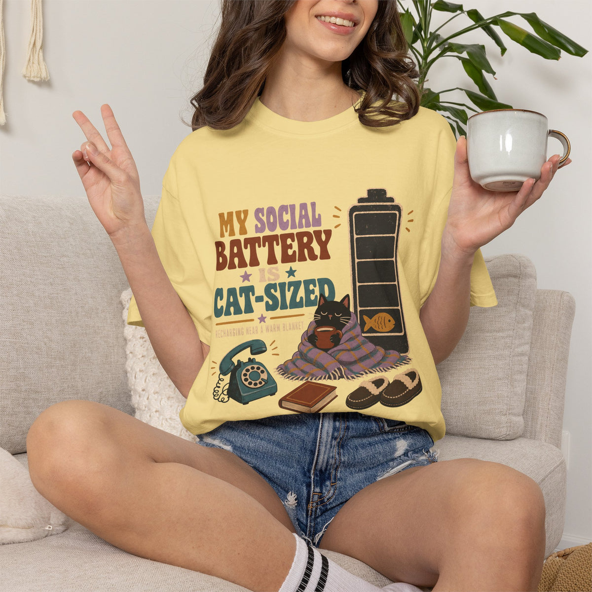 Cat-Sized Social Battery T-Shirt — Introvert Cat Graphic Tee