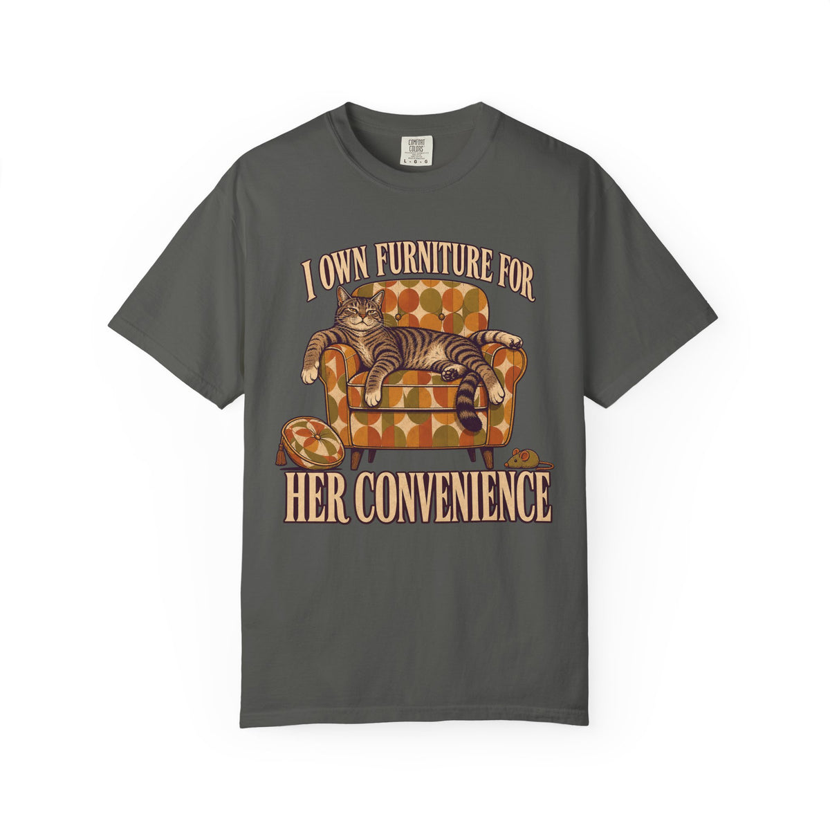 Cat Lover T‑Shirt – "I Own Furniture For Her Convenience" Vintage Cat Graphic Tee