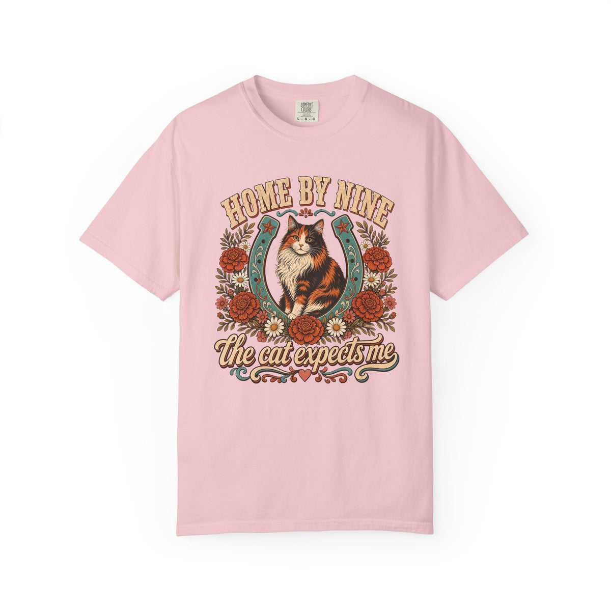 Cat Lover T-Shirt — “Home By Nine, The Cat Expects Me” Vintage Floral Design