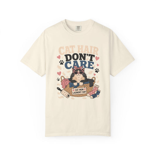 Cat Hair Don’t Care T-Shirt — Cute Laundry Day Cat Graphic Tee