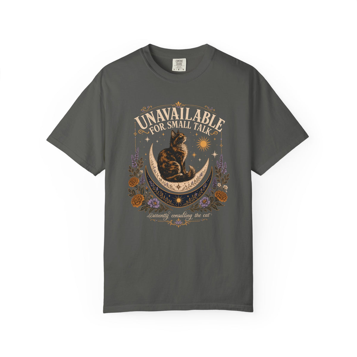 Unavailable for Small Talk T-Shirt — Cat on Crescent Moon Graphic Tee