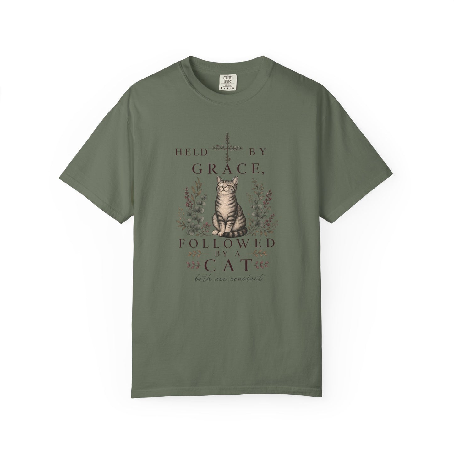 T-Shirt — "Held by Grace, Followed by the Cat" Vintage Cat Faith Tee