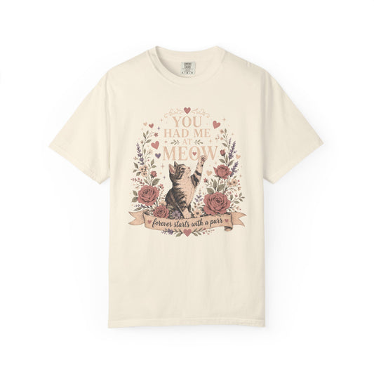 Cat Floral T-Shirt — "You Had Me at Meow" Vintage Garden Tee