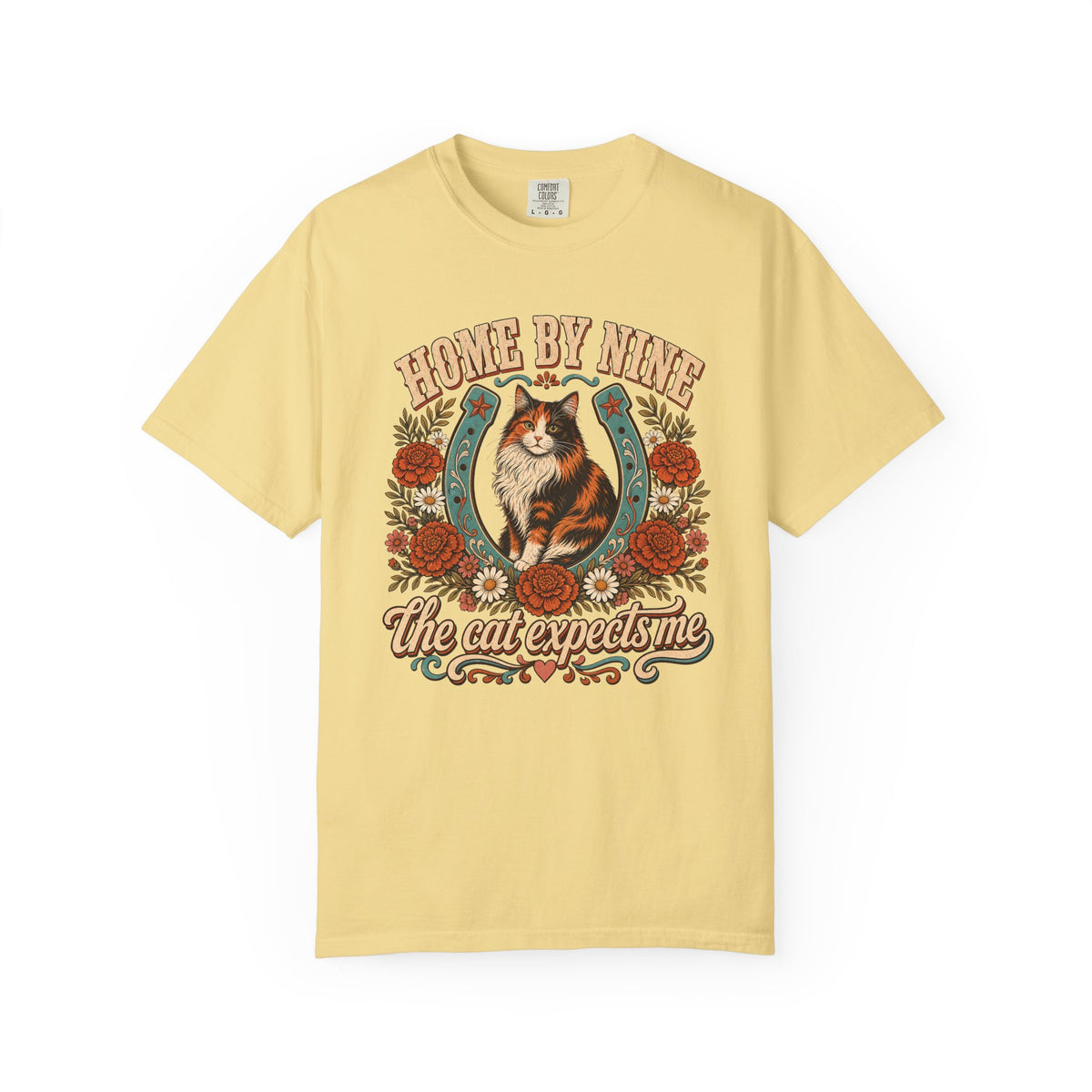 Cat Lover T-Shirt — “Home By Nine, The Cat Expects Me” Vintage Floral Design