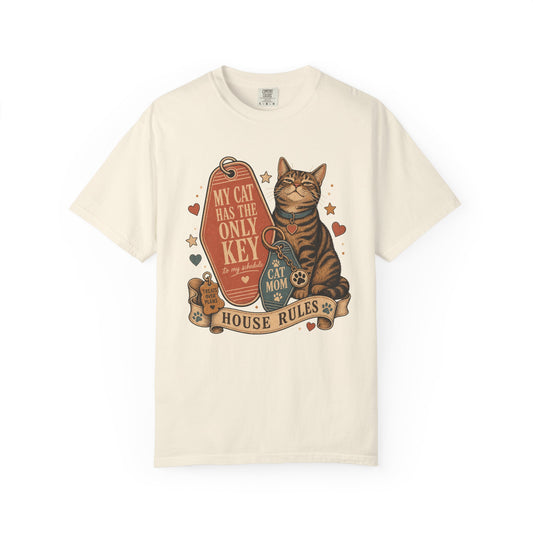 Cat Mom T-Shirt — “My Cat Has The Only Key” Vintage House Rules Tee