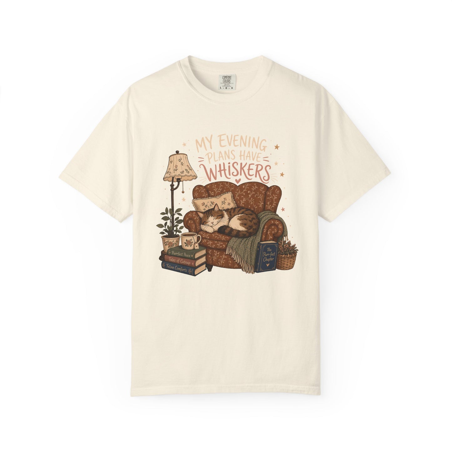 Cozy Cat Reading Tee - "My Evening Is Saved By Whiskers" Garment-Dyed T-Shirt