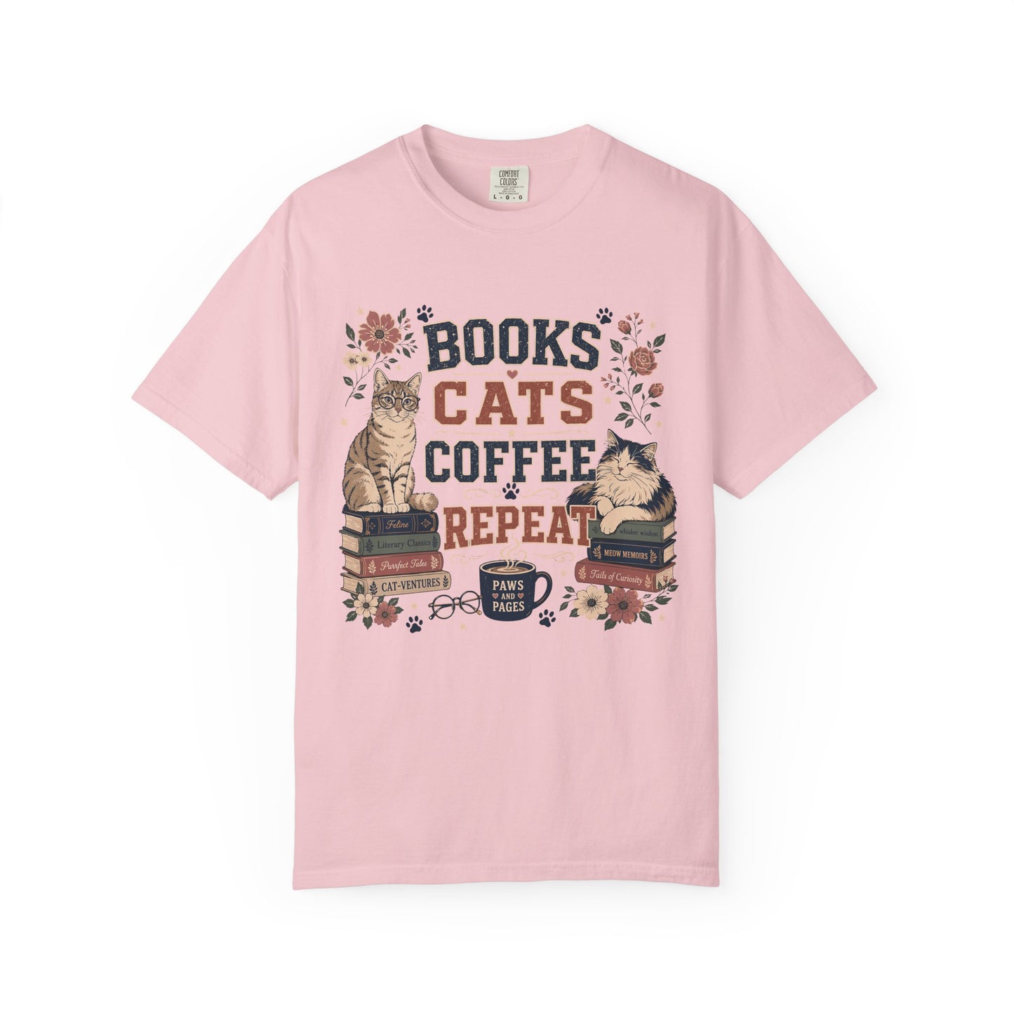 Books • Cats • Coffee Repeat T-Shirt — Cozy Reader Cat Lover Tee