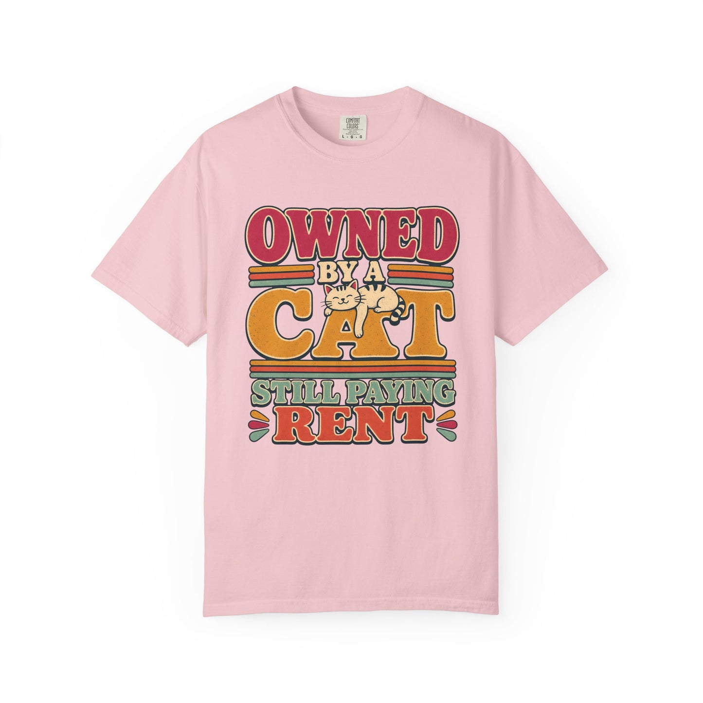 Owned by a Cat T-Shirt — Funny Retro Cat Tee ("Still Paying Rent")
