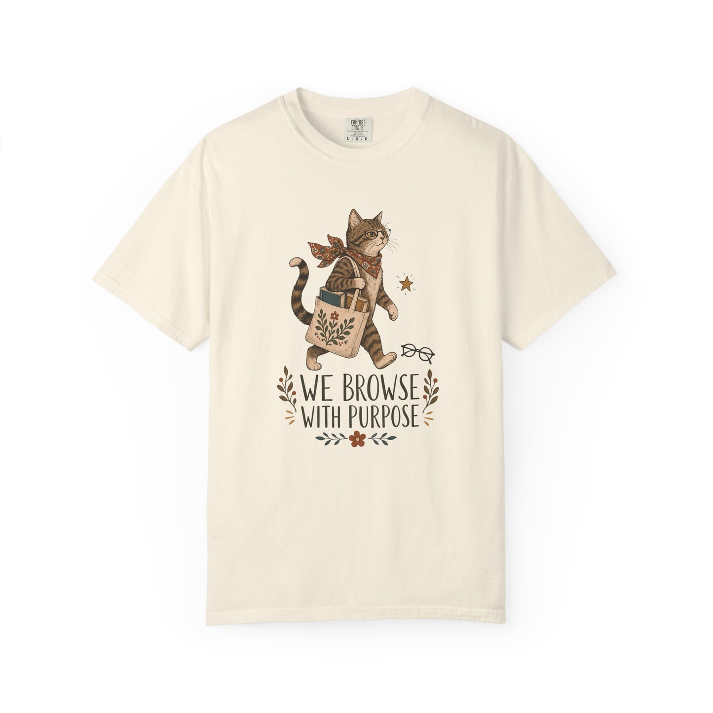 Cat Shopper T-Shirt — “We Browse With Purpose” Cute Bookish Cat Tee