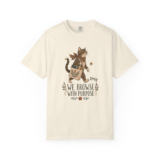 Cat Shopper T-Shirt — “We Browse With Purpose” Cute Bookish Cat Tee