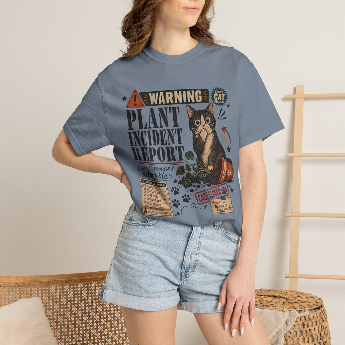 Plant Incident Report Cat T-Shirt – Cute ‘Case Closed’ Gardening Cat Graphic Tee