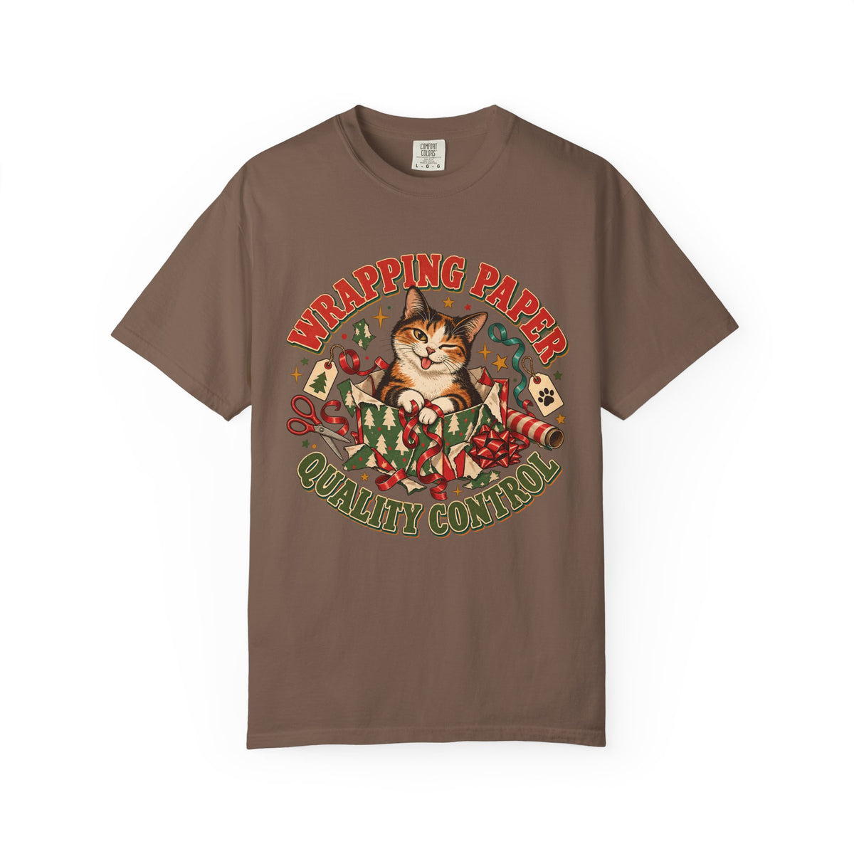 Wrapping Paper Quality Control T-Shirt — Cute Cat Holiday Gift Tee