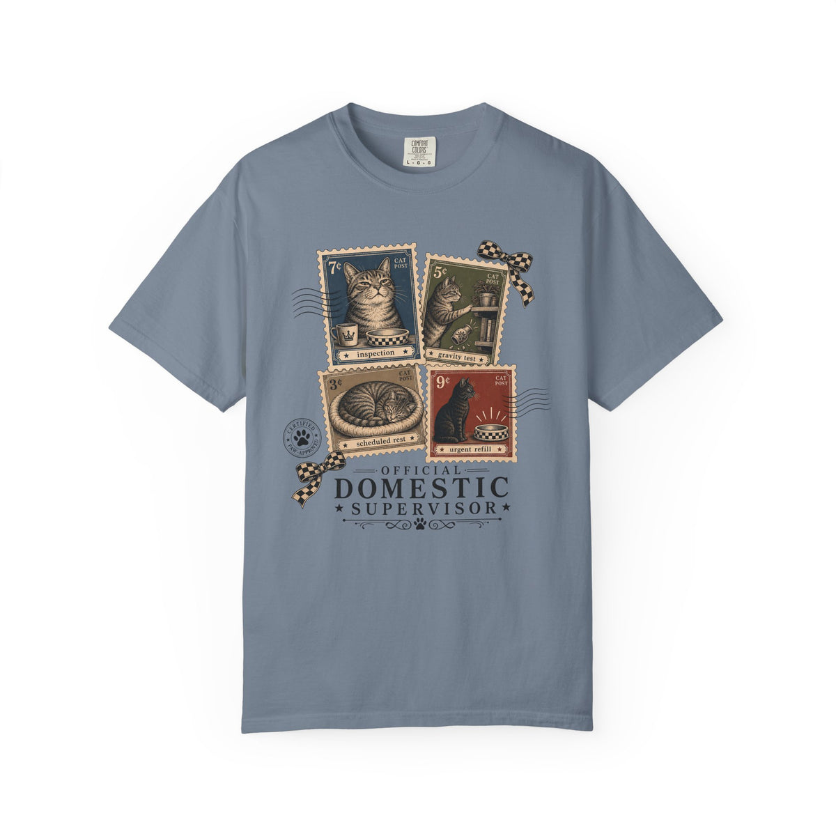 Domestic Supervisor Cat T-Shirt — Vintage Stamp Cat Lover Tee