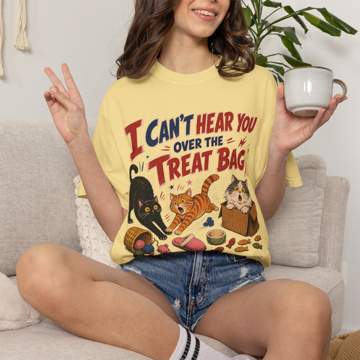 Halloween Cat Treats T-Shirt — "I Can't Hear You Over the Treat Bag" Cute Cat Halloween Tee