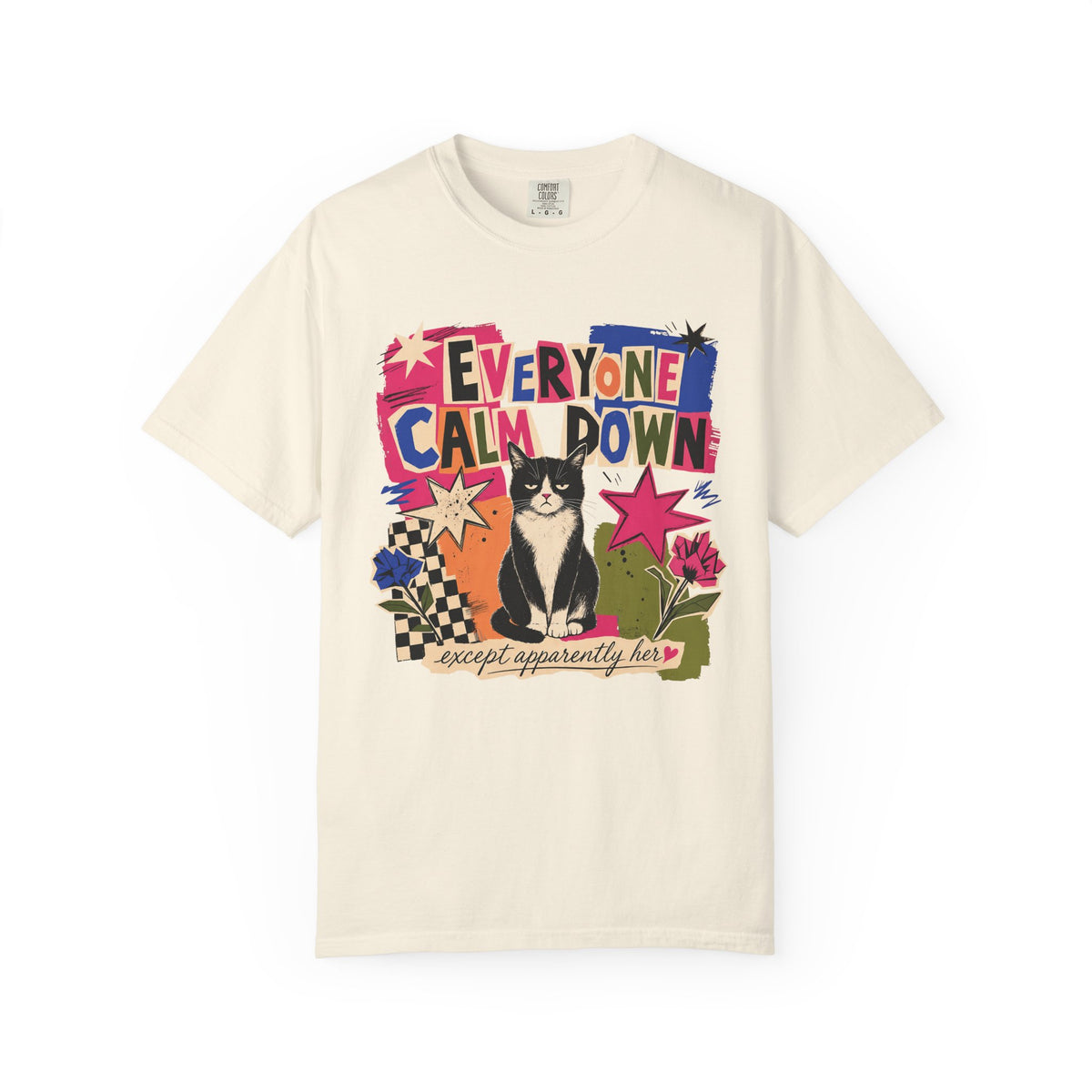 Everyone Calm Down Cat T-Shirt — Funny Graphic Tee with Sassy Cat