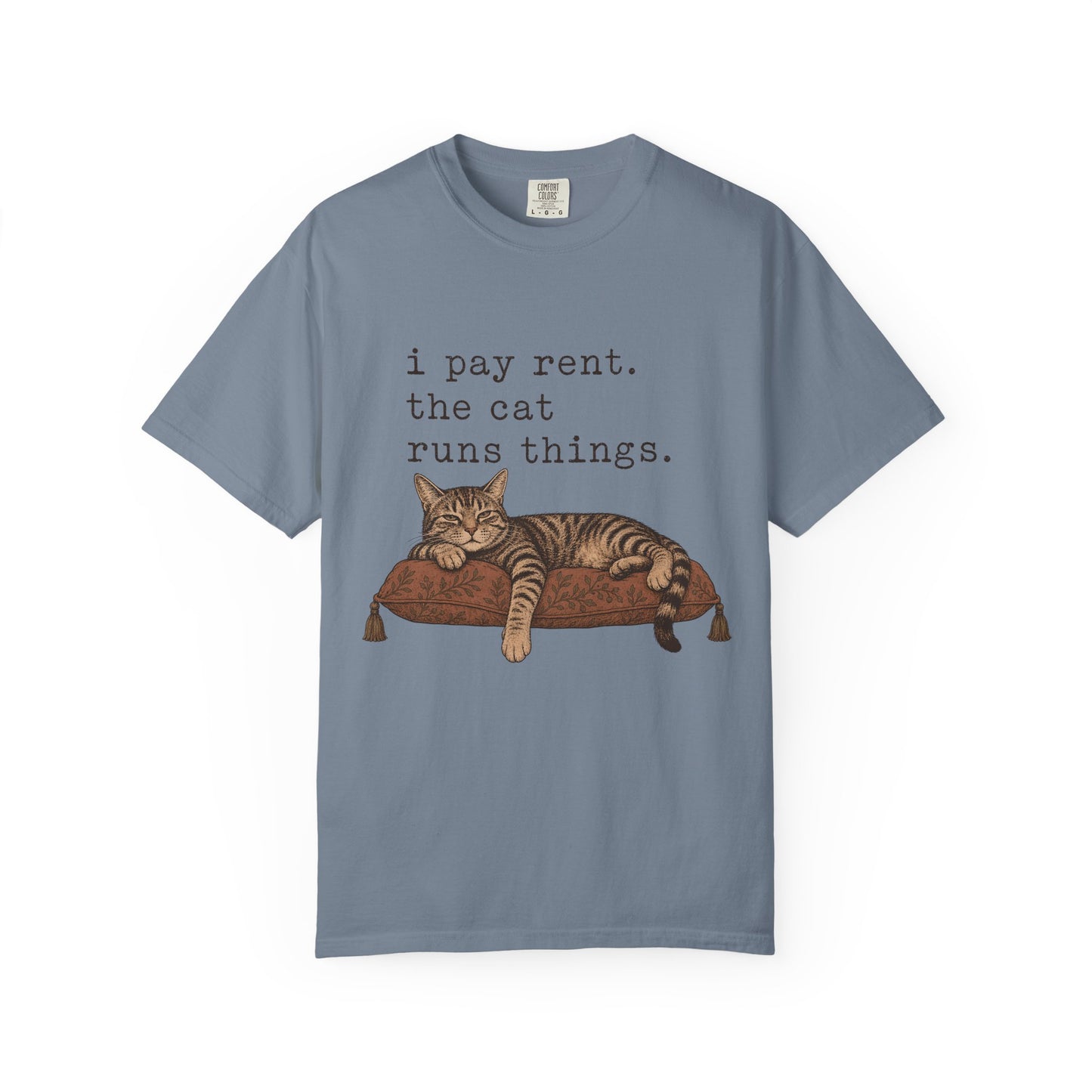 Cat Owner T-Shirt — "I Pay Rent. The Cat Runs Things." Vintage Cat Graphic Tee